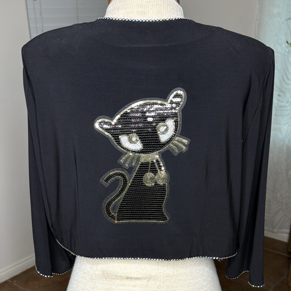 Alex Evenings Black Jacket Size 14 Beaded Edge Sequin Kitty Fun Upcycled Unique